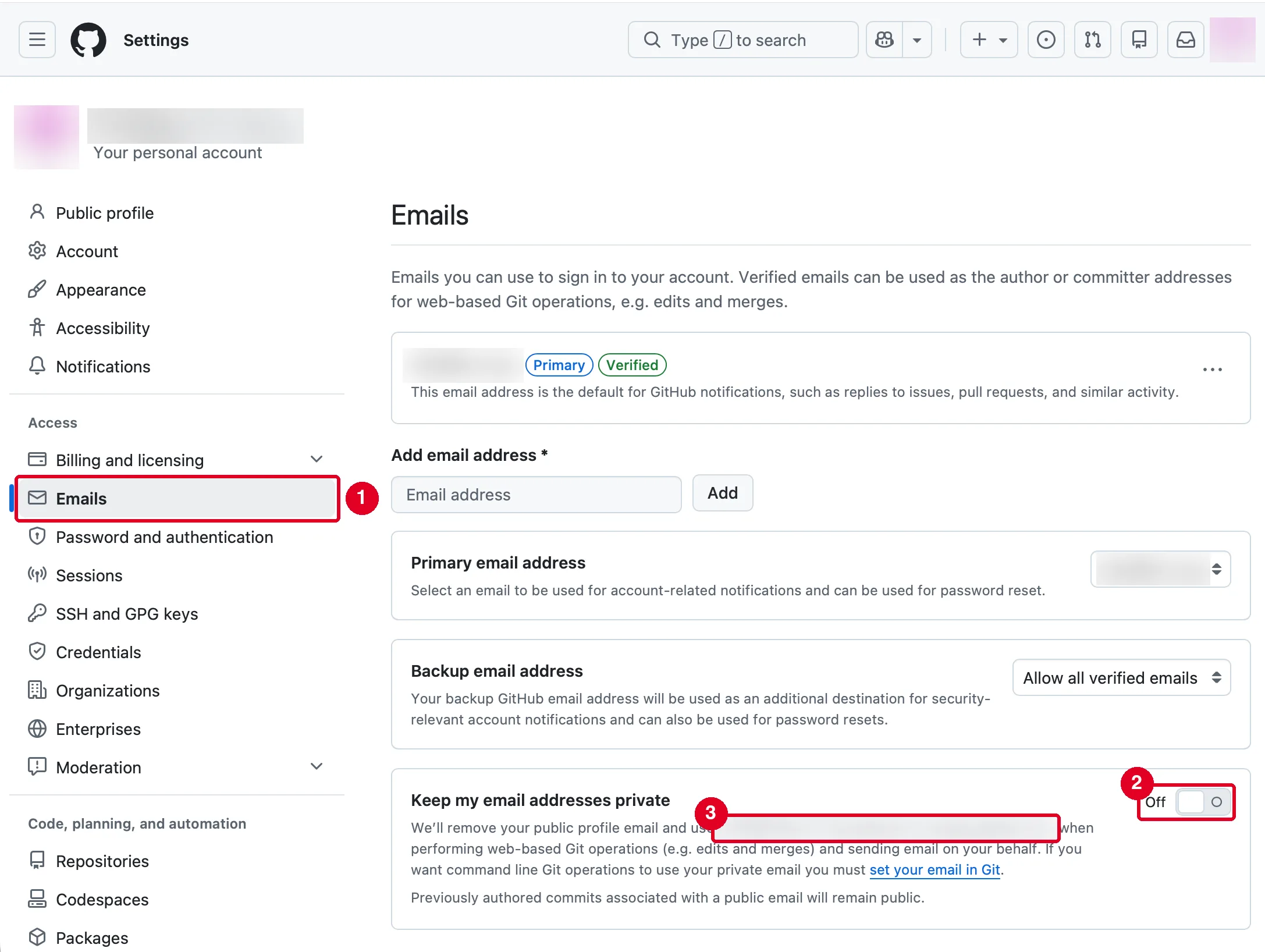 Settings の Emails 画面。①の Emails を開き、②の Keep my email addresses private のスイッチをオンにし、③の noreply アドレスを控える Settings の Emails 画面。①の Emails を開き、②の Keep my email addresses private のスイッチをオンにし、③の noreply アドレスを控える
